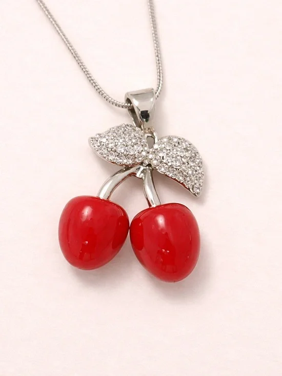 Cherry Pendant Necklace Red Austrian Crystal Rhinestone Silvertone 29” Coquette - Picture 4 of 8